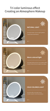 White Small Round Foldable LED Makeup Mirror - 18.5cm Desktop Vanity with 3 Color Lights & Stepless Dimming - Rear View