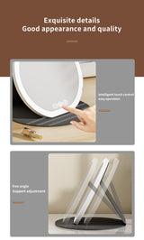 White Small Round Foldable LED Makeup Mirror - 18.5cm Desktop Vanity with 3 Color Lights & Stepless Dimming - Close-Up Angle
