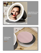 White Small Round Foldable LED Makeup Mirror - 18.5cm Desktop Vanity with 3 Color Lights & Stepless Dimming - Low Angle