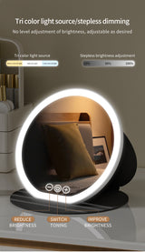 Black Small Round Foldable LED Makeup Mirror - 18.5cm Desktop Vanity with 3 Color Lights & Stepless Dimming