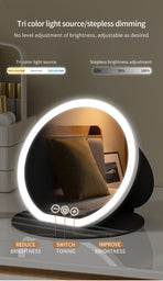Black Small Round Foldable LED Makeup Mirror - 18.5cm Desktop Vanity with 3 Color Lights & Stepless Dimming