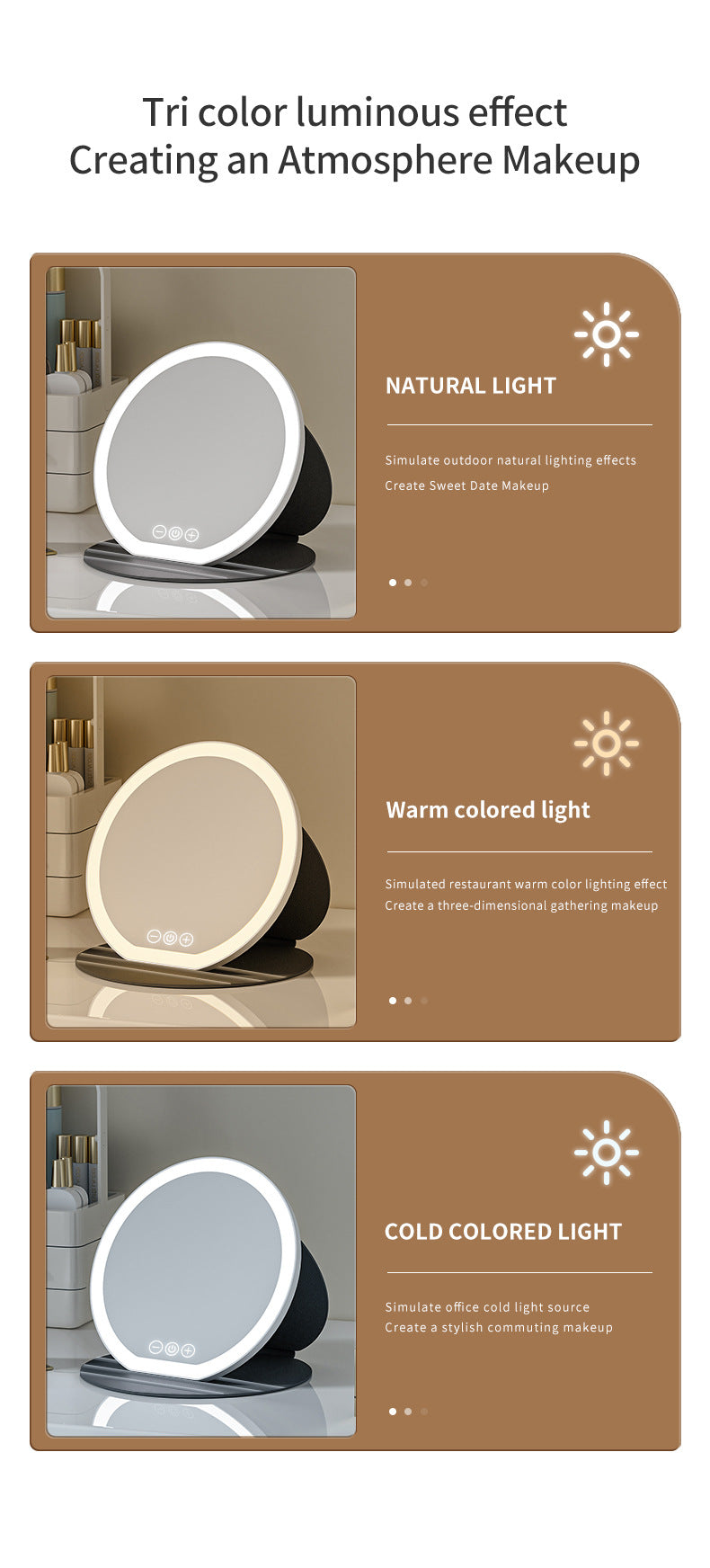 Black Small Round Foldable LED Makeup Mirror - 18.5cm Desktop Vanity with 3 Color Lights & Stepless Dimming