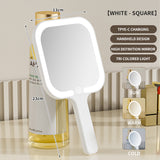 White Square Portable Handheld LED Makeup Mirror - USB-C Rechargeable with 3 Color Light Modes for On-The-Go Touch-Ups