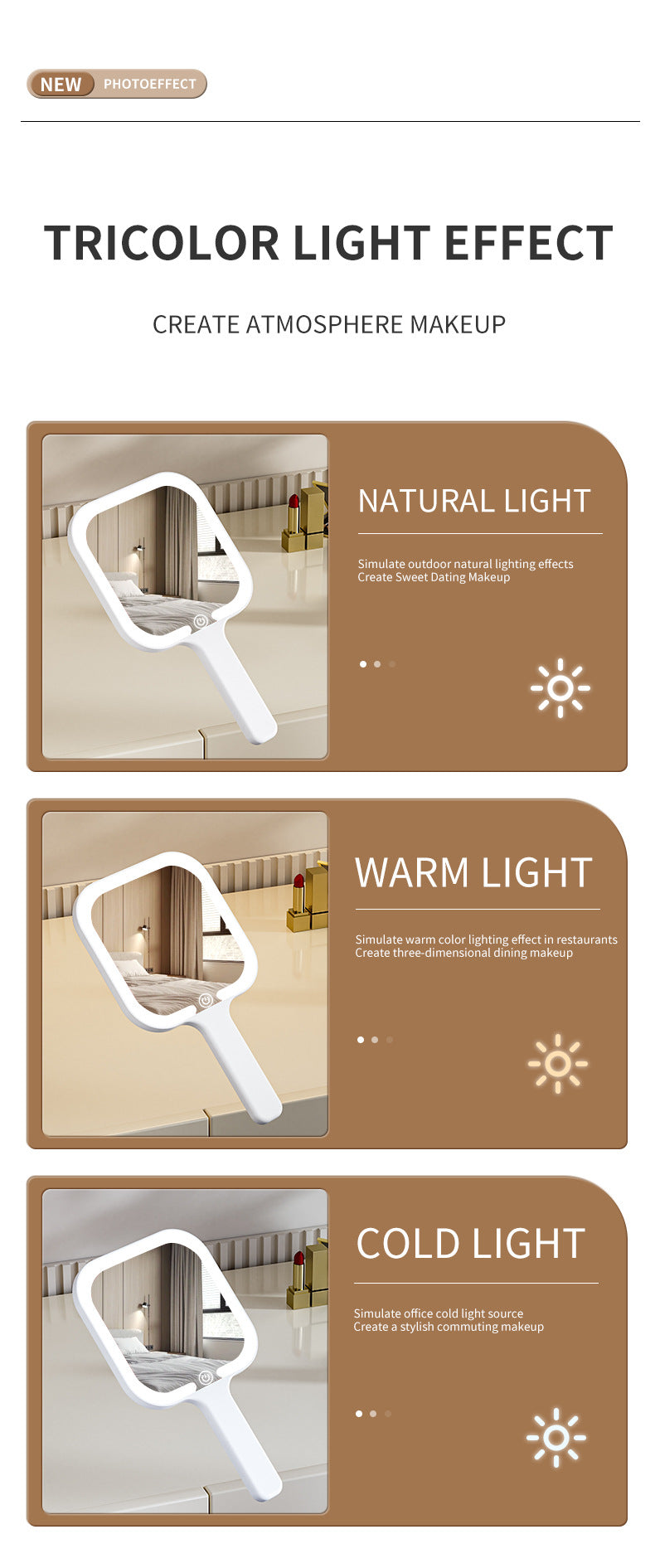 White Square Portable Handheld LED Makeup Mirror - USB-C Rechargeable with 3 Color Light Modes for On-The-Go Touch-Ups