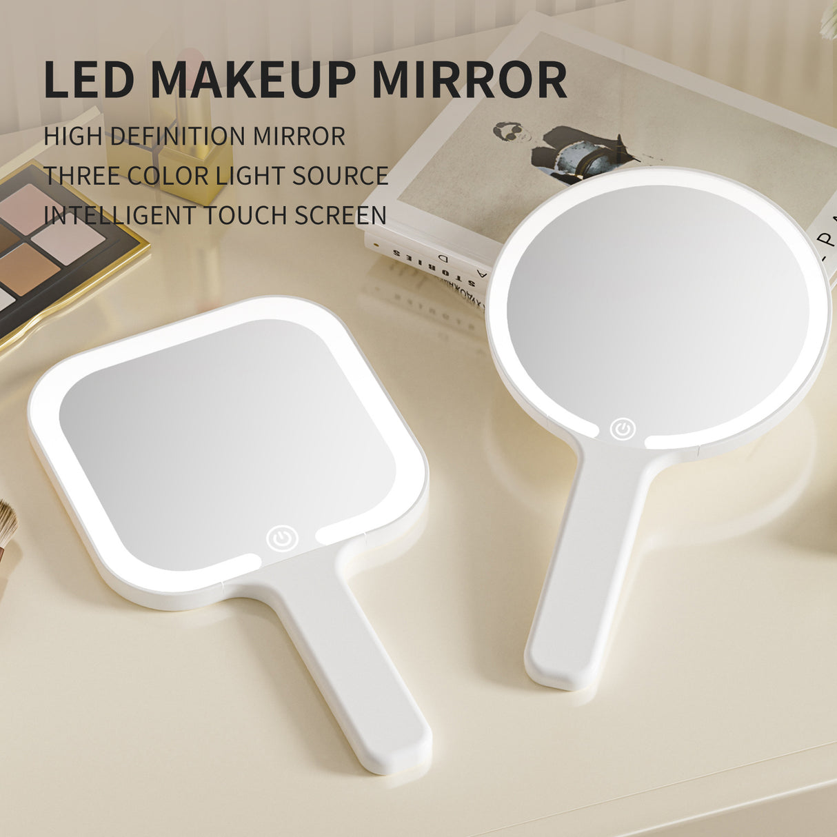 Light Yellow Round Portable Handheld LED Makeup Mirror - USB-C Rechargeable with 3 Color Light Modes for On-The-Go Touch-Ups