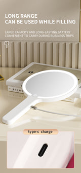 Light Yellow Round Portable Handheld LED Makeup Mirror - USB-C Rechargeable with 3 Color Light Modes for On-The-Go Touch-Ups - Close-Up Angle