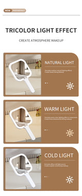 White Round Portable Handheld LED Makeup Mirror - USB-C Rechargeable with 3 Color Light Modes for On-The-Go Touch-Ups - 45-Degree Angle