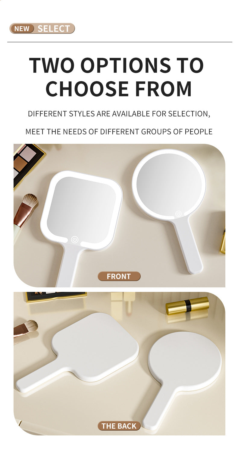 White Round Portable Handheld LED Makeup Mirror - USB-C Rechargeable with 3 Color Light Modes for On-The-Go Touch-Ups