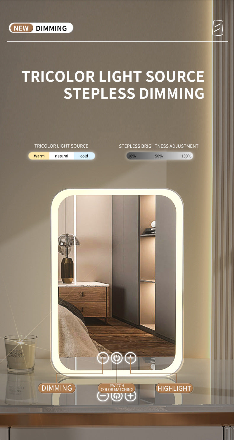 White Professional LED Vanity Mirror - 3 Color Lights, Stepless Dimming & Adjustable Rotating Stand, USB-C Rechargeable