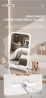 White Professional LED Vanity Mirror - 3 Color Lights, Stepless Dimming & Adjustable Rotating Stand, USB-C Rechargeable - Rear View