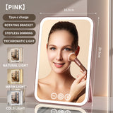 Pink Professional LED Vanity Mirror - 3 Color Lights, Stepless Dimming & Adjustable Rotating Stand, USB-C Rechargeable