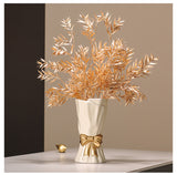 Green Elegant Ceramic Vase with Golden Bow Accent - Textured Relief Flower Holder for Living Room & Dining Table Decor - Front View
