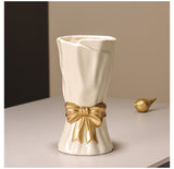 Green Elegant Ceramic Vase with Golden Bow Accent - Textured Relief Flower Holder for Living Room & Dining Table Decor - Top-Down View