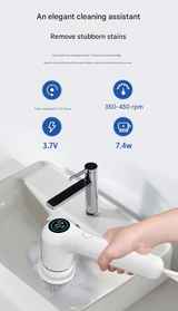 White Rechargeable Electric Spin Scrubber - Waterproof Power Cleaning Brush with 5 Heads & Digital Display for Bathroom, Kitchen & More - Top-Down View