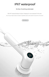 White Rechargeable Electric Spin Scrubber - Waterproof Power Cleaning Brush with 5 Heads & Digital Display for Bathroom, Kitchen & More - Rear View