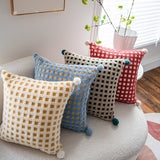 Red and Beige 3D Checkered Cushion Cover with Pom Poms - Soft Decorative Pillow Case for Sofa & Living Room (45x45cm, Cover Only) - Front View