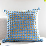 Blue and Yellow 3D Checkered Cushion Cover with Pom Poms - Soft Decorative Pillow Case for Sofa & Living Room (45x45cm, Cover Only)