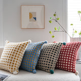 Blue and Yellow 3D Checkered Cushion Cover with Pom Poms - Soft Decorative Pillow Case for Sofa & Living Room (45x45cm, Cover Only) - Top-Down View