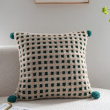 Beige and Green 3D Checkered Cushion Cover with Pom Poms - Soft Decorative Pillow Case for Sofa & Living Room (45x45cm, Cover Only)