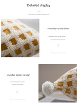 Beige and Yellow 3D Checkered Cushion Cover with Pom Poms - Soft Decorative Pillow Case for Sofa & Living Room (45x45cm, Cover Only) - 45-Degree Angle