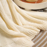 Beige Cozy Lightweight Acrylic Knit Throw Blanket - Diamond Waffle Texture for Sofa, Bed & Travel - Top-Down View