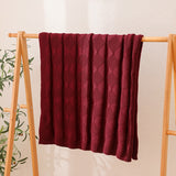 Claret Red Cozy Lightweight Acrylic Knit Throw Blanket - Diamond Waffle Texture for Sofa, Bed & Travel - Side View