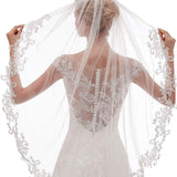 White Elegant Short Bridal Veil - Single Tier with Delicate Lace Applique Edge - Wedding Hair Accessory - Front View
