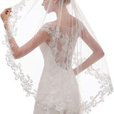 White Elegant Short Bridal Veil - Single Tier with Delicate Lace Applique Edge - Wedding Hair Accessory - Side View