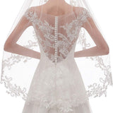 White Elegant Short Bridal Veil - Single Tier with Delicate Lace Applique Edge - Wedding Hair Accessory - 45-Degree Angle