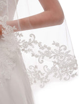 White Elegant Short Bridal Veil - Single Tier with Delicate Lace Applique Edge - Wedding Hair Accessory - Rear View