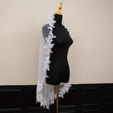 White Elegant Long Bridal Veil with Pearl Accents & Lace Edge - Includes Metal Comb - Top-Down View