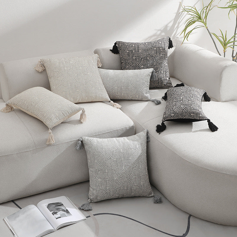Beige Chic Geometric Jacquard Cushion Covers with Tassels - Set of 2, Plush Blend for Sofa & Bed Decor (45x45cm, Insert Not Included)