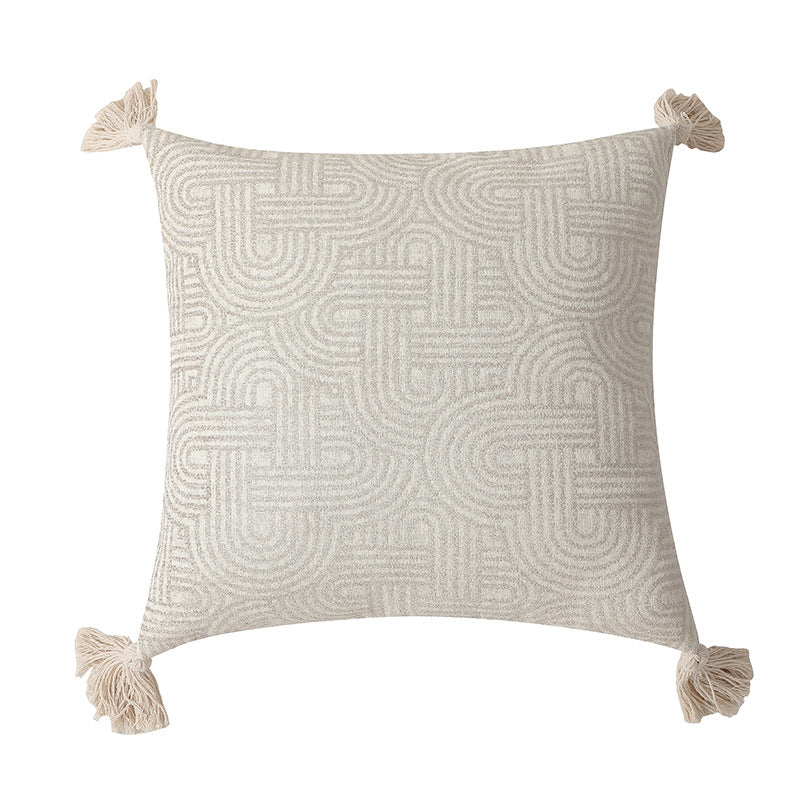 Beige Chic Geometric Jacquard Cushion Covers with Tassels - Set of 2, Plush Blend for Sofa & Bed Decor (45x45cm, Insert Not Included)