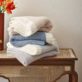 Beige and White Plush Chenille-Knit Throw Blanket - Soft Cozy Polyester for Bed & Sofa | Textured Two-Tone Design (127x153cm) - Front View