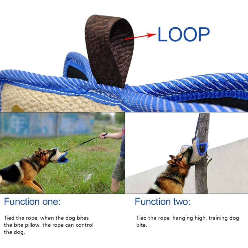 Blue and Khaki Heavy Duty Jute Dog Bite Pillow - Professional Training Tug Toy with 3 Handles for Schutzhund, K9, Agility & Bite Work