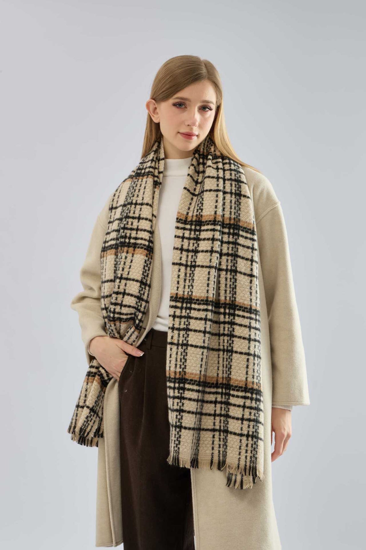 Dark Grey Chic Plaid Winter Scarf - Large Soft Polyester Shawl Wrap with Tassels, Korean Inspired Fashion