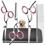 Pink and Silver Complete 5-Piece Pet Grooming Scissors Kit - Stainless Steel Straight, Curved & Thinning Shears with Comb & PU Case (6.0 Inch)