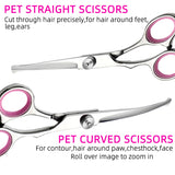 Pink and Silver Complete 5-Piece Pet Grooming Scissors Kit - Stainless Steel Straight, Curved & Thinning Shears with Comb & PU Case (6.0 Inch) - Front View
