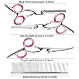 Pink and Silver Complete 5-Piece Pet Grooming Scissors Kit - Stainless Steel Straight, Curved & Thinning Shears with Comb & PU Case (6.0 Inch) - Side View
