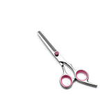 Pink and Silver Complete 5-Piece Pet Grooming Scissors Kit - Stainless Steel Straight, Curved & Thinning Shears with Comb & PU Case (6.0 Inch) - 45-Degree Angle
