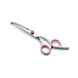 Pink and Silver Complete 5-Piece Pet Grooming Scissors Kit - Stainless Steel Straight, Curved & Thinning Shears with Comb & PU Case (6.0 Inch) - Close-Up Angle