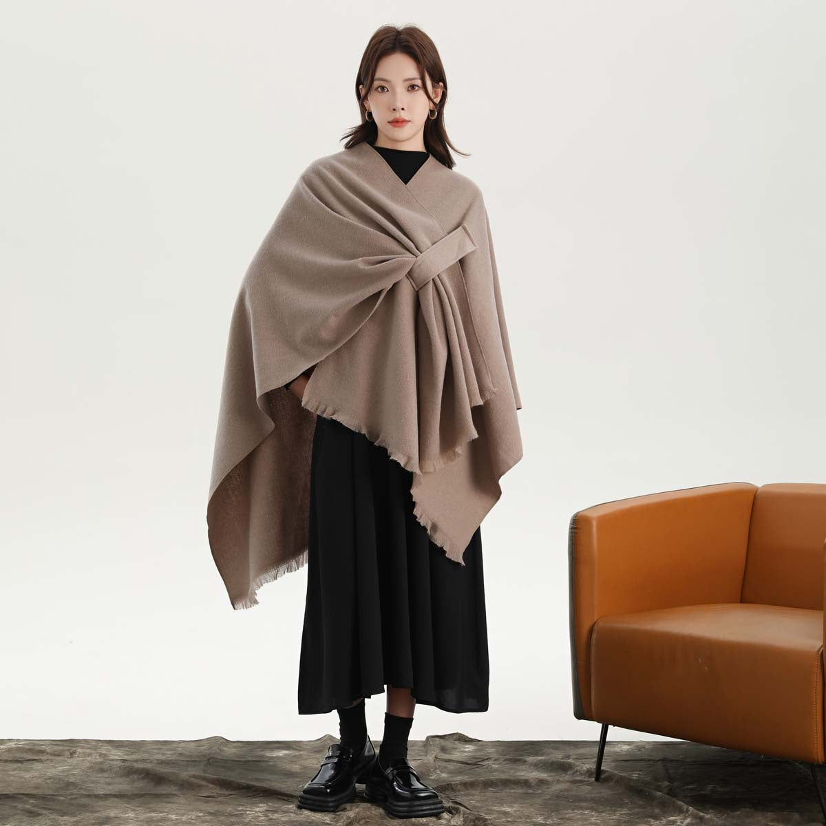Khaki Elegant Soft Knit Poncho Cape - Warm Autumn Winter Shawl Wrap with Side Tie, Thick & Luxurious Feel