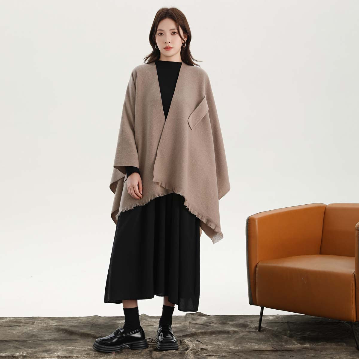 Khaki Elegant Soft Knit Poncho Cape - Warm Autumn Winter Shawl Wrap with Side Tie, Thick & Luxurious Feel