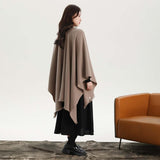 Khaki Elegant Soft Knit Poncho Cape - Warm Autumn Winter Shawl Wrap with Side Tie, Thick & Luxurious Feel - Side View