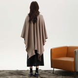 Khaki Elegant Soft Knit Poncho Cape - Warm Autumn Winter Shawl Wrap with Side Tie, Thick & Luxurious Feel - Top-Down View