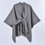 Grey Elegant Soft Knit Poncho Cape - Warm Autumn Winter Shawl Wrap with Side Tie, Thick & Luxurious Feel
