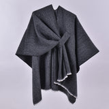 Black and White Elegant Soft Knit Poncho Cape - Warm Autumn Winter Shawl Wrap with Side Tie, Thick & Luxurious Feel - Front View