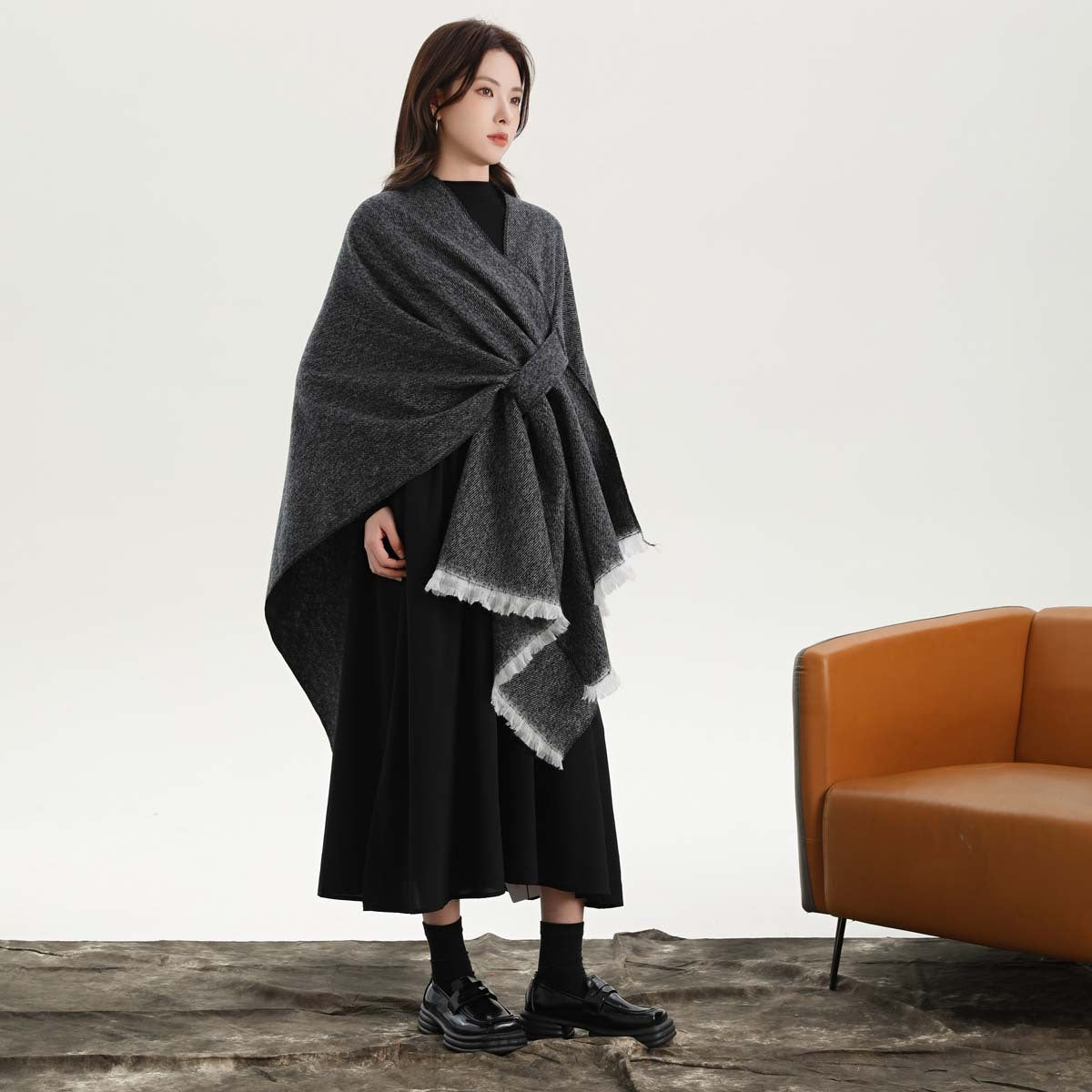 Black and White Elegant Soft Knit Poncho Cape - Warm Autumn Winter Shawl Wrap with Side Tie, Thick & Luxurious Feel