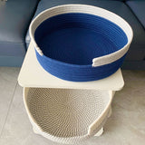 Blue and White Chic Two-Tone Woven Cotton Rope Cat Bed - Cozy Handmade Pet Nest & Storage Basket - Side View