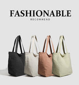 Brown Stylish Lightweight Seersucker Gingham Tote Bag - Spacious Multi-Pocket Shoulder Bag with Zipper - Side View